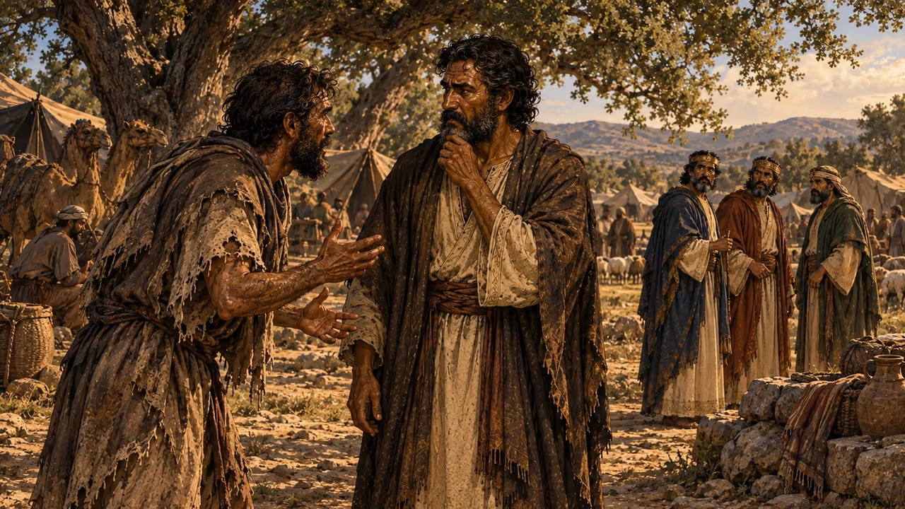 A weary fugitive urgently reports Lot’s capture to Abram at his encampment by the oaks of Mamre.