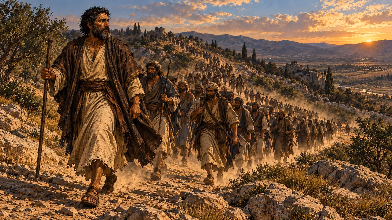 Abram leads a long column of trained household men north through rugged country in pursuit of Lot’s captors.