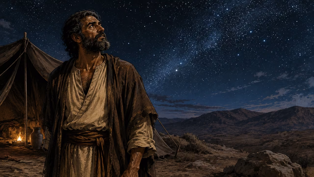 Abram looking upward at an immense starry sky outside his tent, no visible deity.