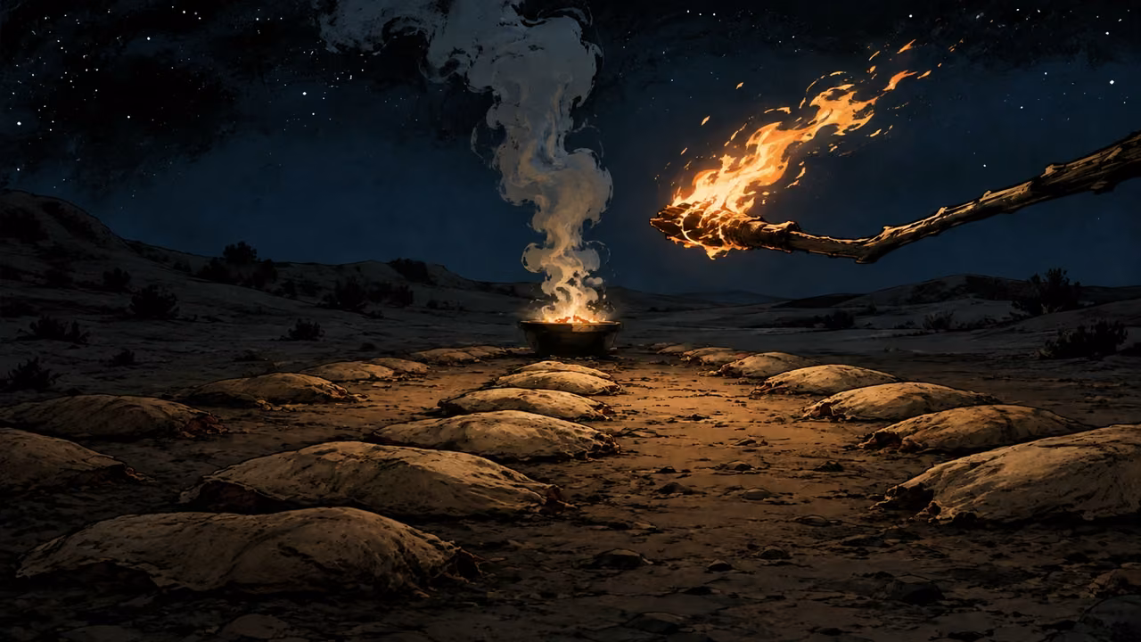 A smoking firepot and flaming torch passing between the covenant pieces in darkness, no personified deity.