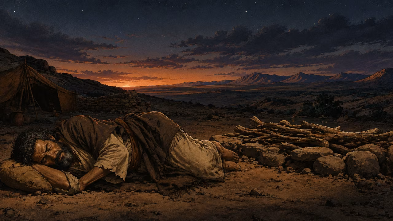 Abram asleep near prepared covenant offerings at dusk, no graphic animal detail.