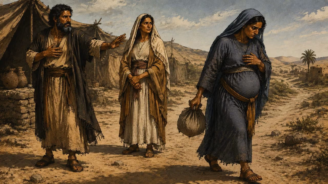 Pregnant Hagar leaving the household in distress; modest dress and no sexual scene.