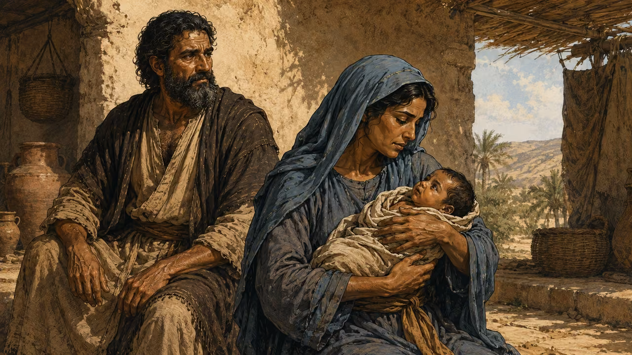Hagar holding infant Ishmael with Abram nearby in the household.