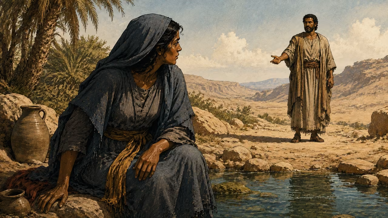 Hagar beside a desert spring listening toward an unadorned human-form messenger, no wings or halo.
