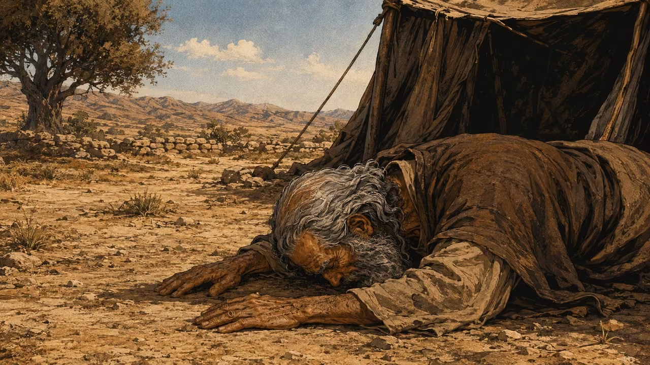 Abraham face down on the earth beside his tent, no visible deity.