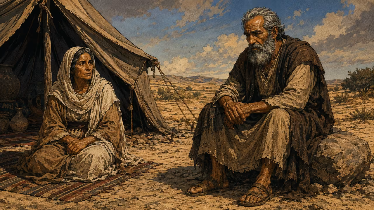 Abraham reflecting near elderly Sarah at their tent, no invented dialogue.
