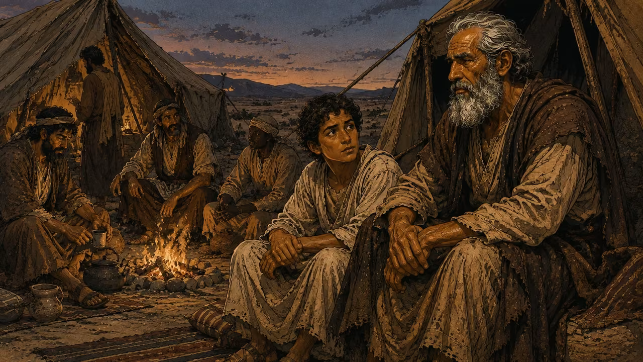 Abraham, the elderly bearded man at RIGHT in reference, with adolescent Ishmael and the adult men of his household quietly resting at their tents after accepting the covenant sign. Fully clothed contextual aftermath, no surgery, instruments, blood, nudity, or invented ceremony. Sarah is absent.
