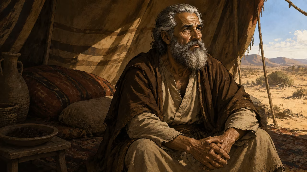 Abraham listening solemnly in a quiet tent setting, no depiction of surgery or nudity.