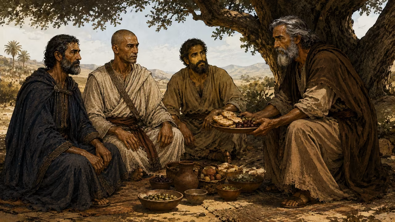 Abraham serving a meal to three plainly dressed male visitors beneath a great tree.
