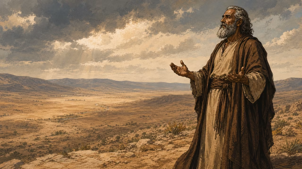 Abraham standing on high ground facing toward the distant plain in solemn intercession, no visible deity.