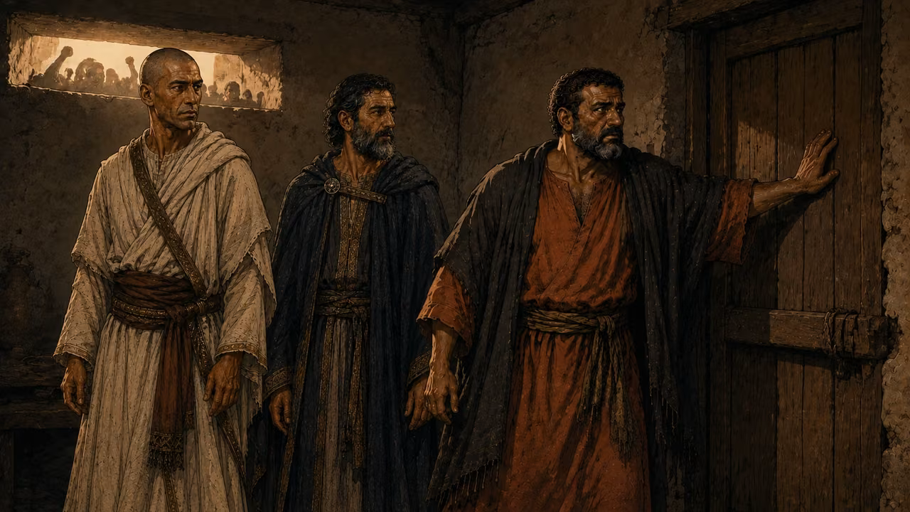 Lot sheltering two plainly dressed male visitors behind a closed wooden door as a threatening crowd remains outside; no sexual violence shown.