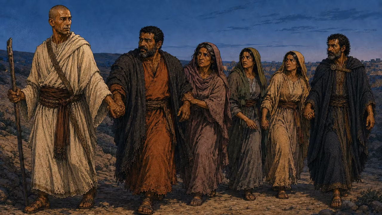 Two visitors leading Lot, his wife and two daughters away from the city before sunrise.