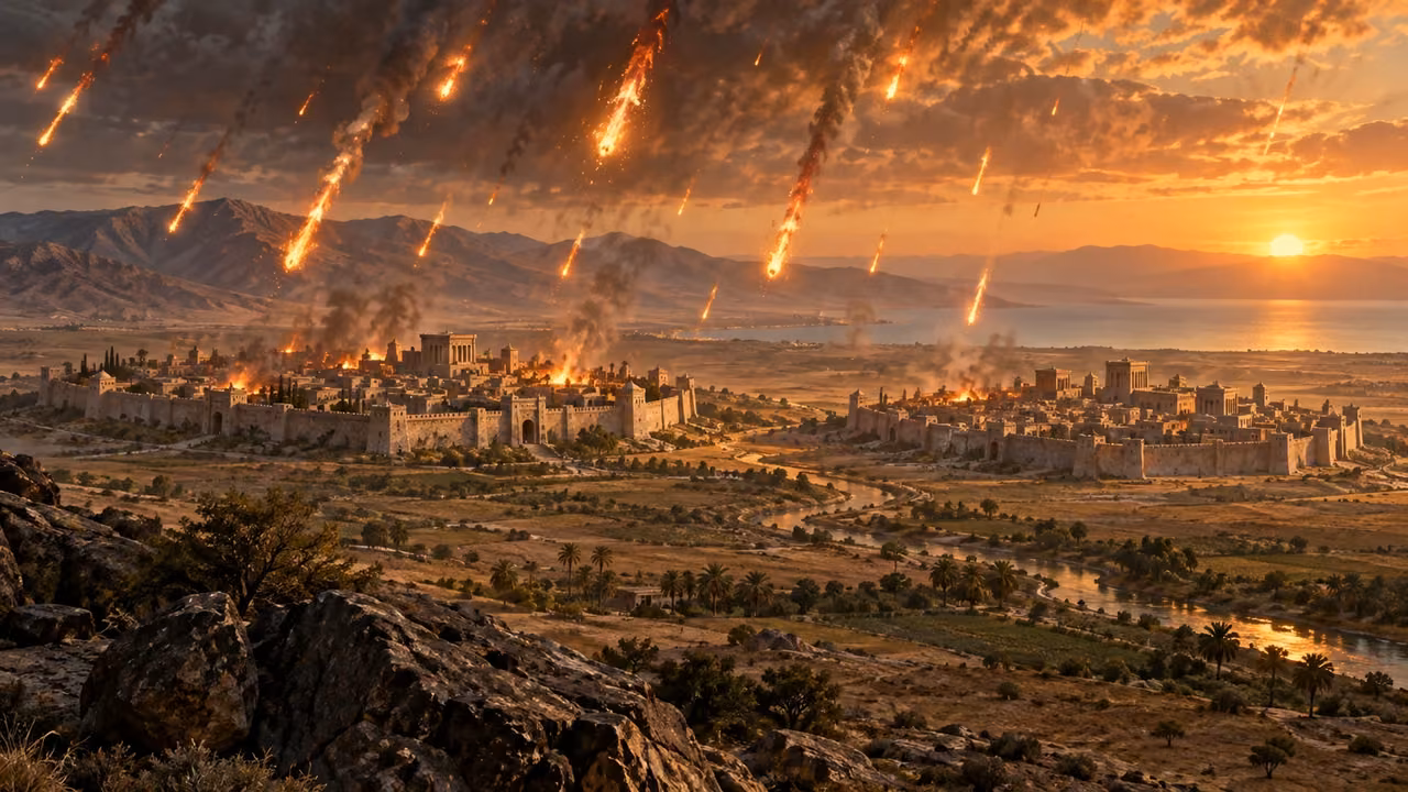 Fire begins falling from the heavens on Sodom and Gomorrah.