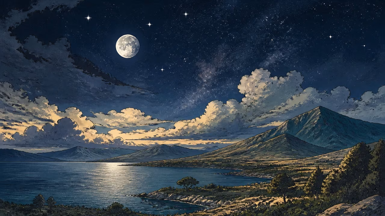 Graphic-novel night landscape of the completed earth resting beneath the moon and stars.