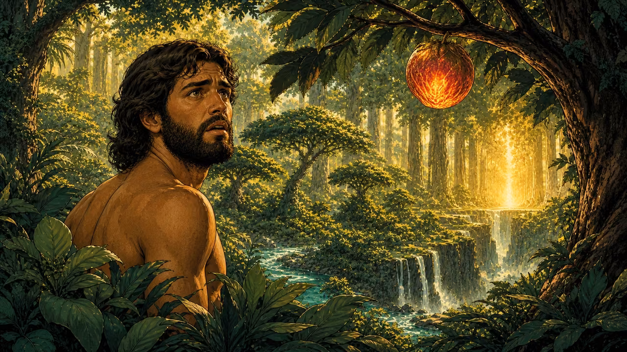 Graphic-novel illustration of bearded Adam pausing before the single glowing forbidden fruit beside Eden’s divided river.