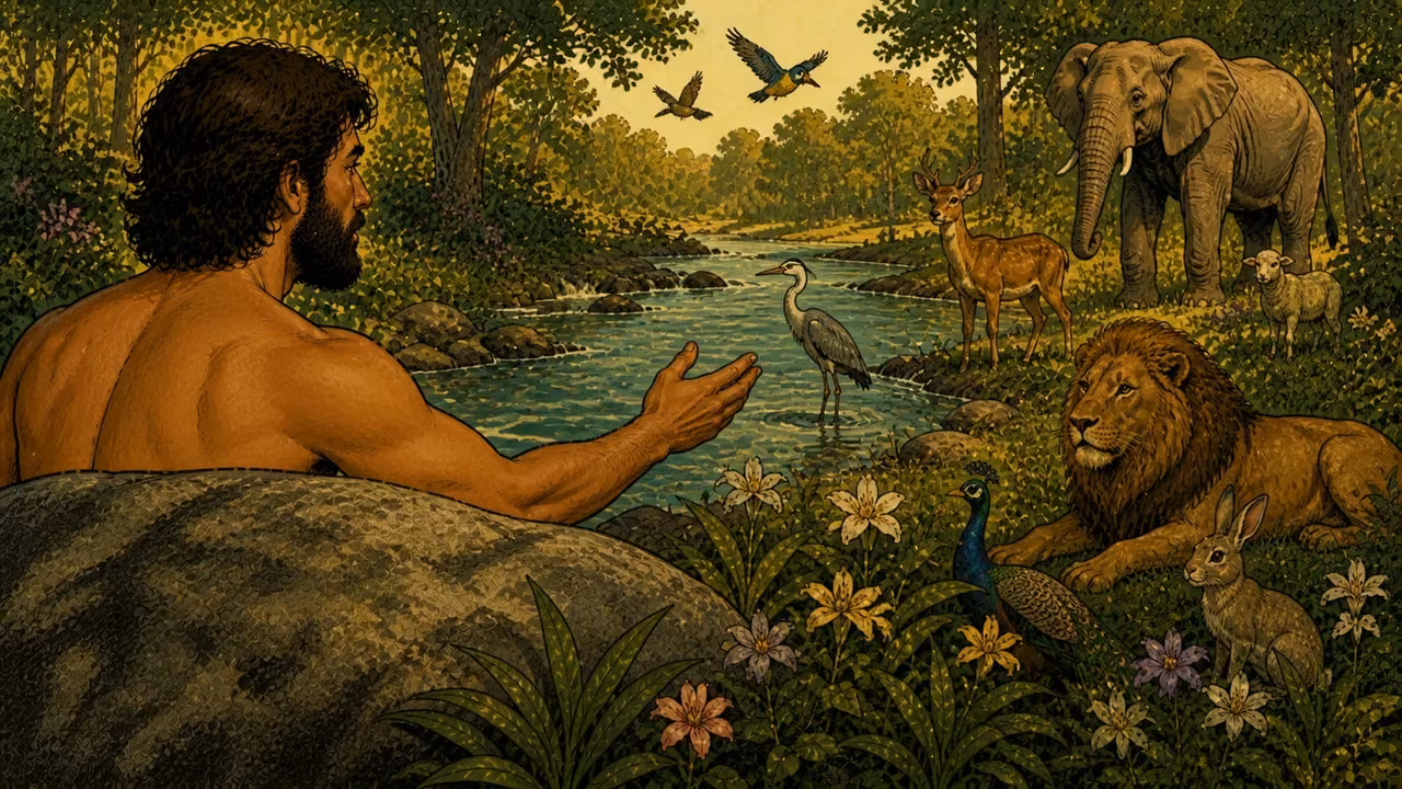 Adam, the bearded man at LEFT in reference, alone among peaceful animals and birds beside the garden river, attentively observing and naming them. Eve is ABSENT, not yet created. Modest composition using foreground foliage and a boulder to conceal his entire lower torso; no genitals or buttocks shown.