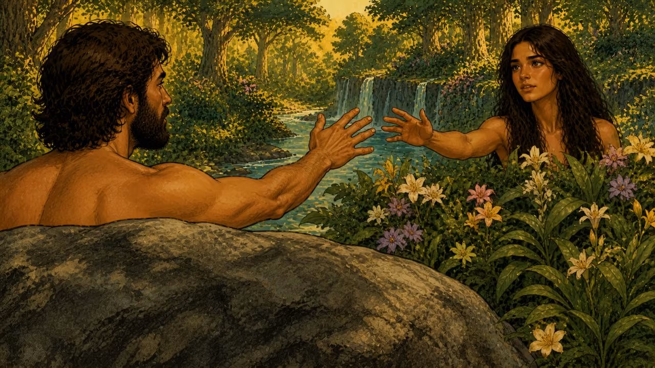 Graphic-novel illustration of bearded Adam and Eve reaching toward each other across Eden’s river, modestly hidden by rock and flowers.