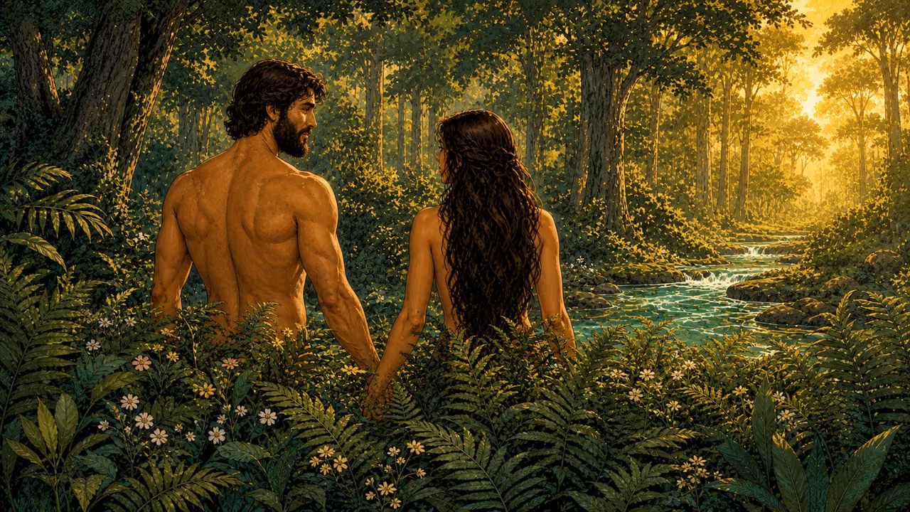 Graphic-novel rear view of bearded Adam and long-haired Eve walking hand in hand beside Eden’s river, modestly framed by foliage.