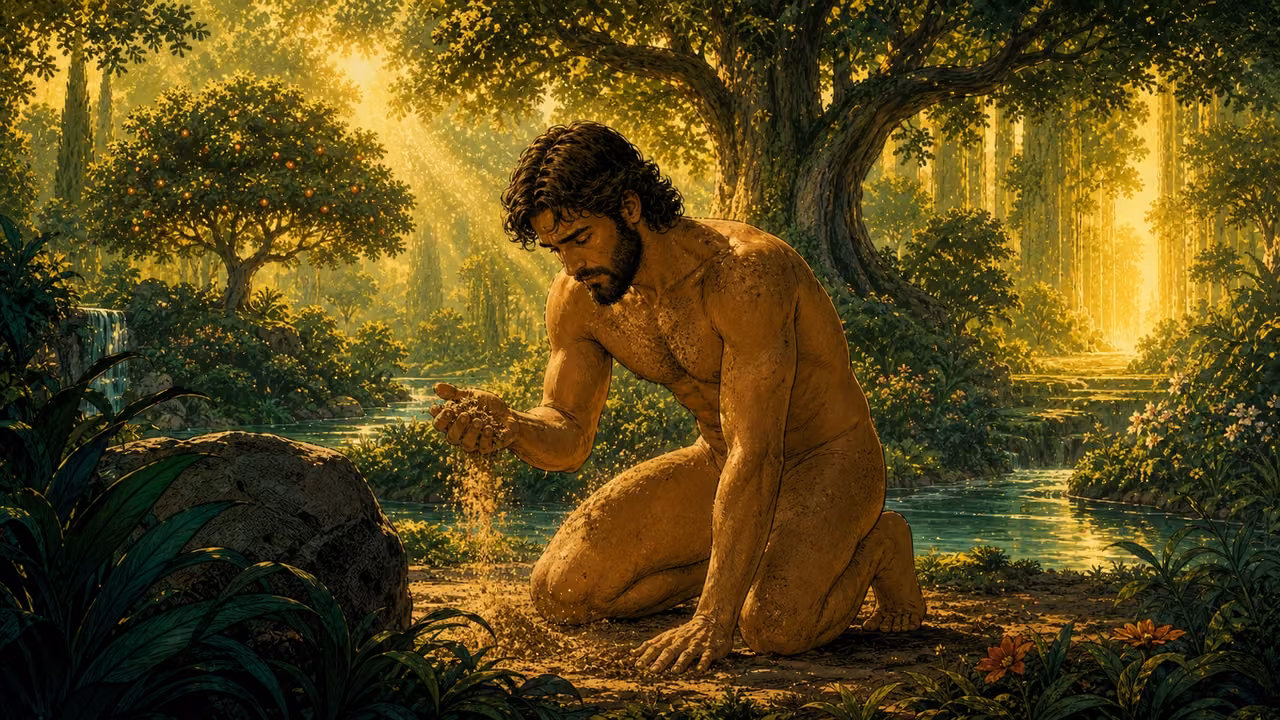 Graphic-novel illustration of the bearded Adam kneeling newly alive beside Eden’s river as dust falls from his hand.