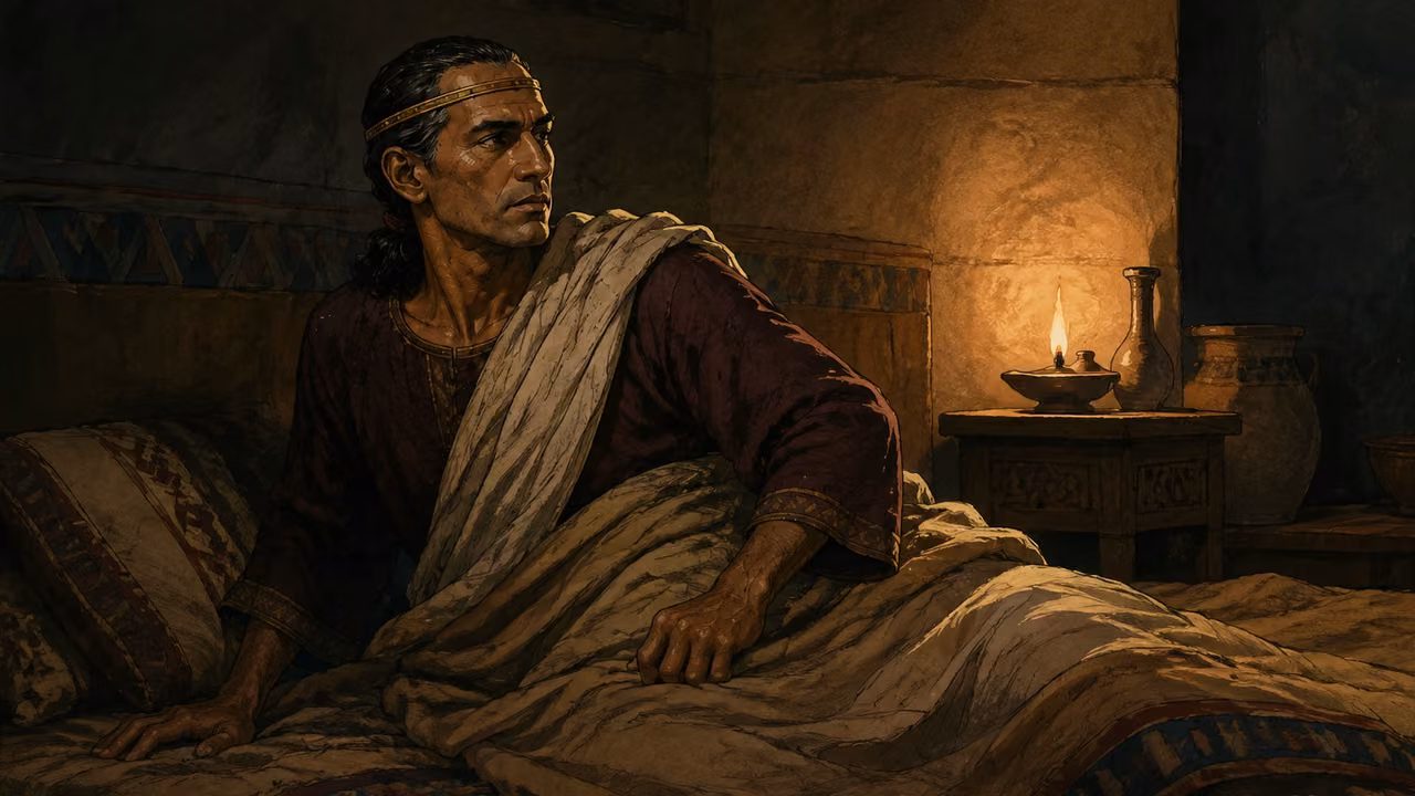 Abimelech disturbed on his sleeping mat, dim lamplight, no visible deity.