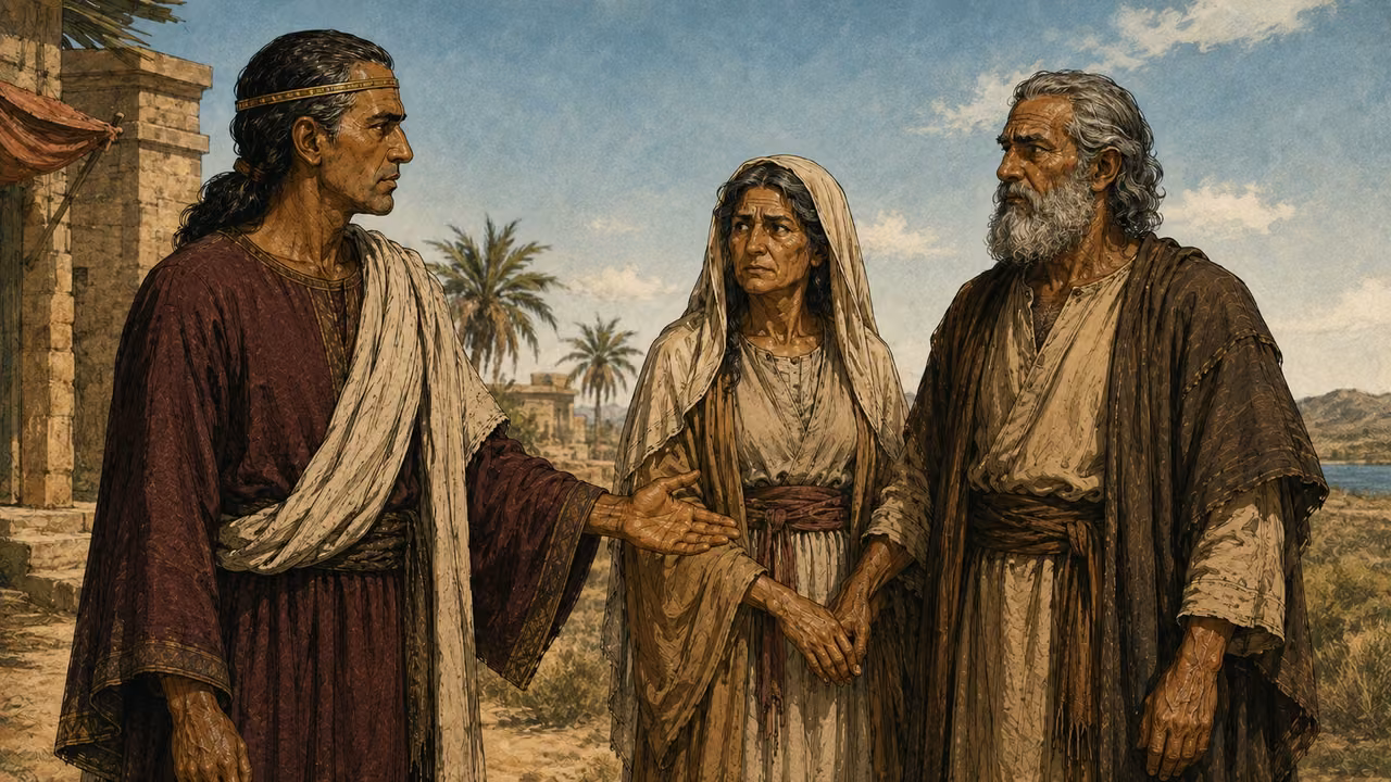 Sarah restored to Abraham as Abimelech's household stands nearby.
