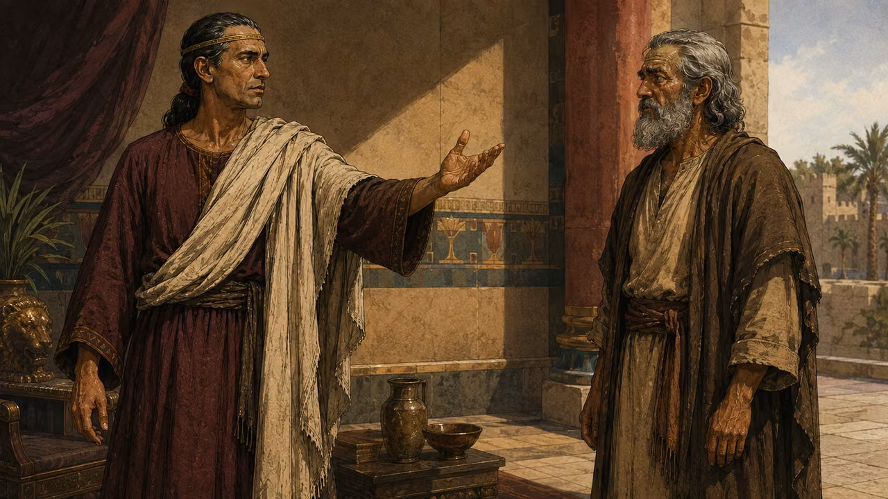 Abimelech addressing Abraham in a simple court, tense and dignified.