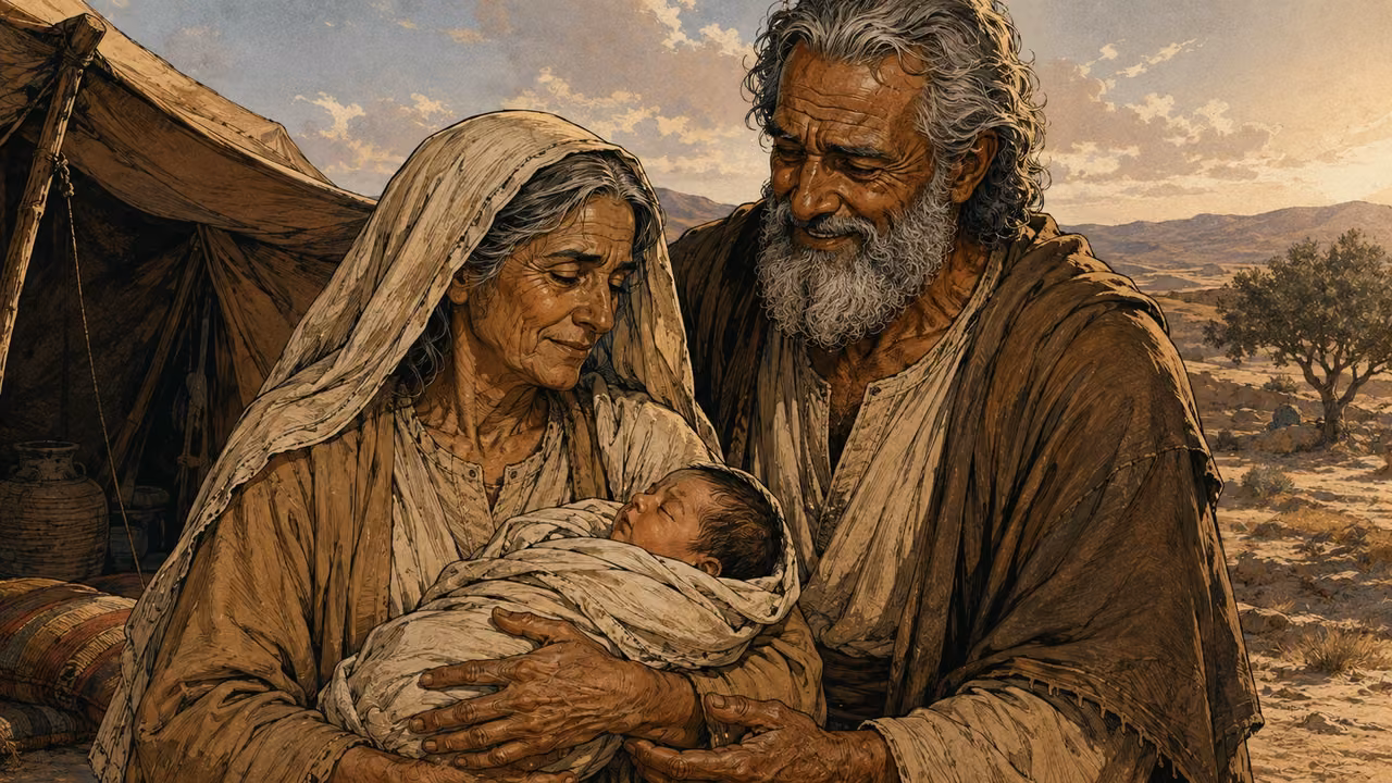 Elderly Sarah holding infant Isaac while Abraham smiles beside her.
