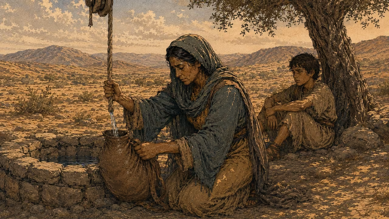 Hagar draws water for Ishmael at the desert well.