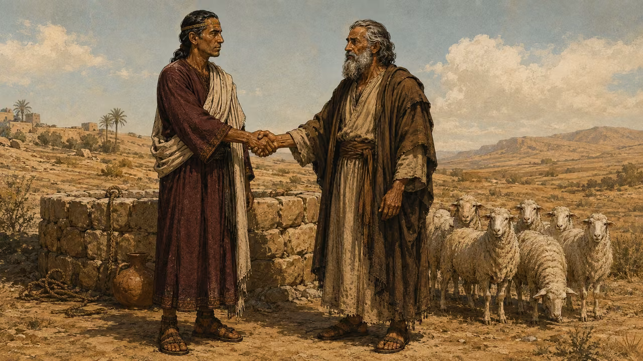 Abraham and Abimelech making an agreement beside a well with seven ewe lambs nearby.