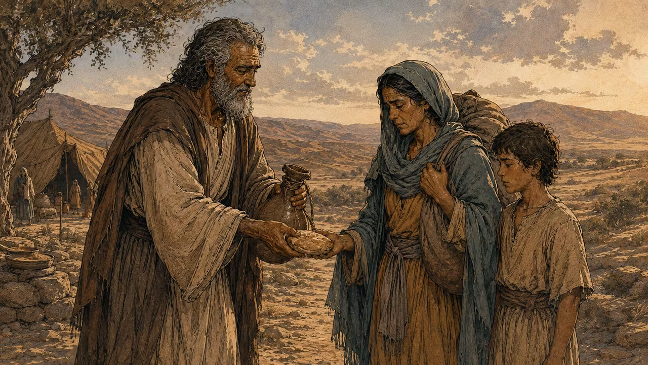 Abraham gives Hagar bread and a waterskin at the edge of the camp as adolescent Ishmael stands beside his mother; sorrowful morning departure, fully clothed. Hagar wears muted teal and ochre, Ishmael plain sand-colored tunic. No infant in arms.
