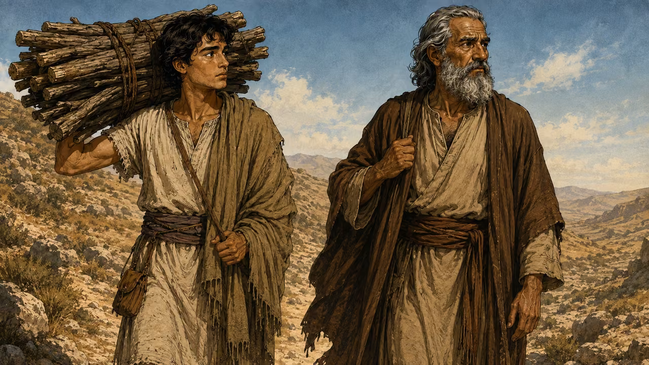 Young-adult Isaac carrying wood uphill beside Abraham.
