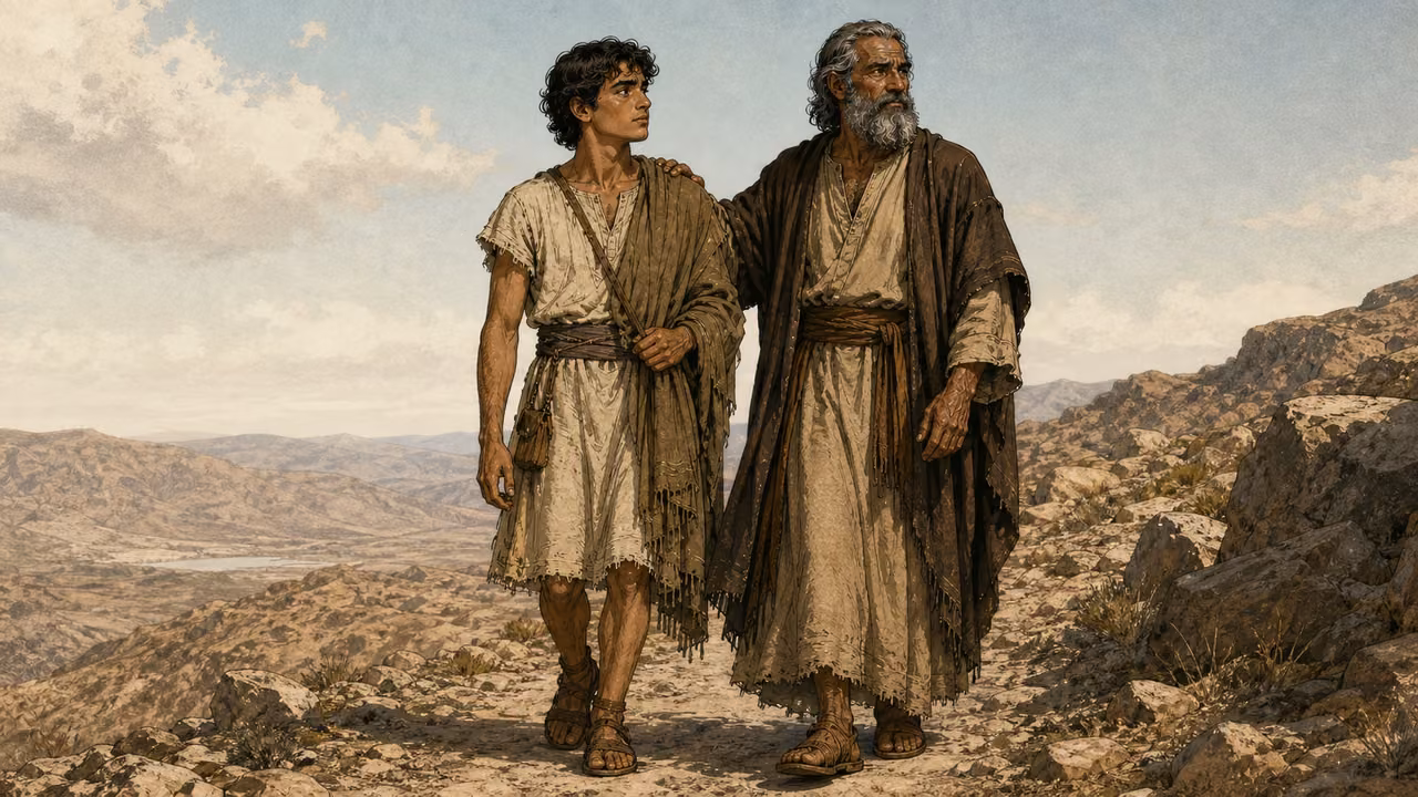 Abraham and Isaac descending the mountain together after the offering.
