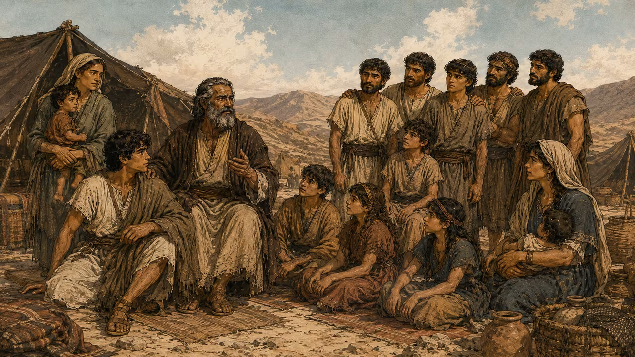 Disclosed visual essay: an anonymous ancient Mesopotamian extended household outside tents, successive generations represented by adults and children. This is contextual genealogy imagery, not Abraham or Isaac coming down a mountain. No invented named portraits.