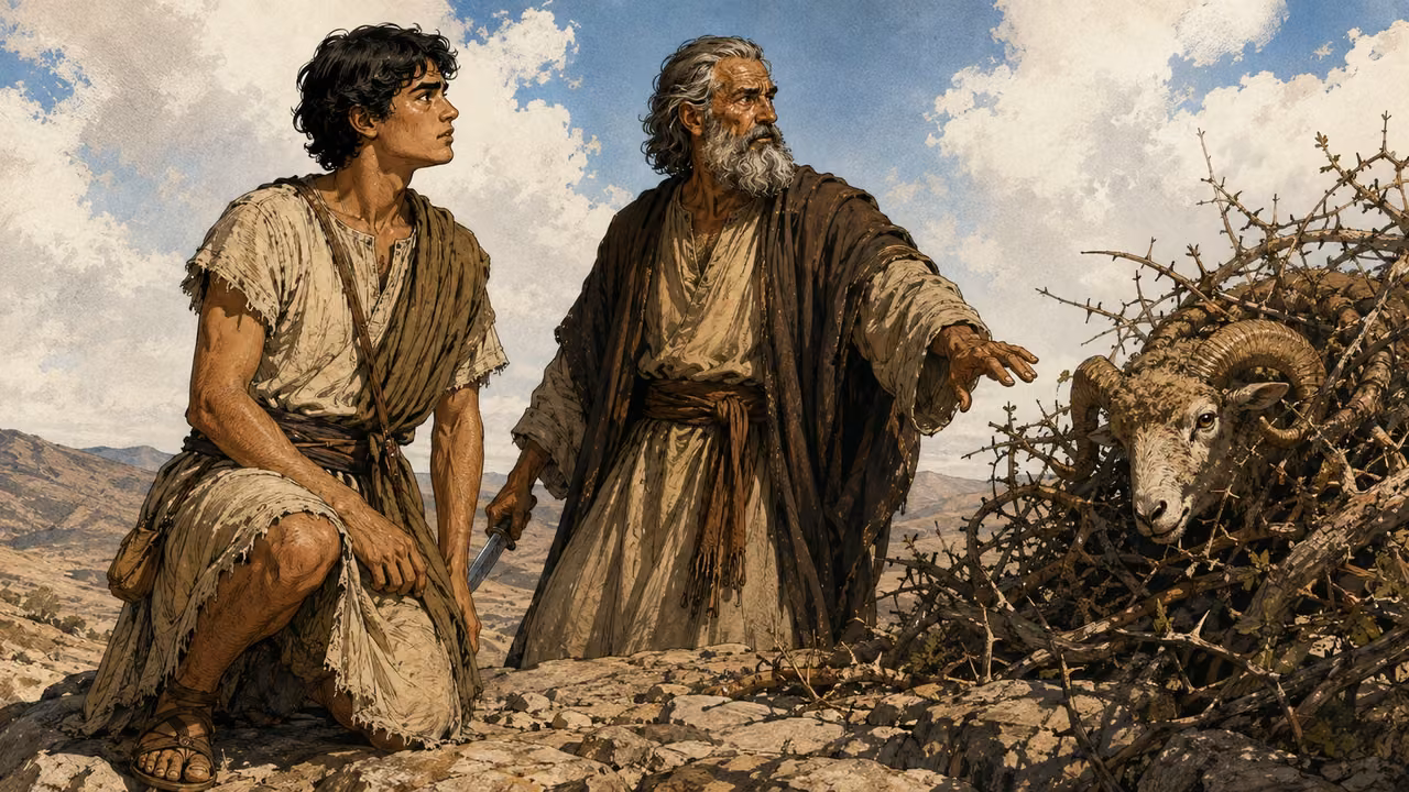 Abraham's knife lowered safely away from Isaac as he notices a ram caught by its horns in a thicket; no wound or active threat.