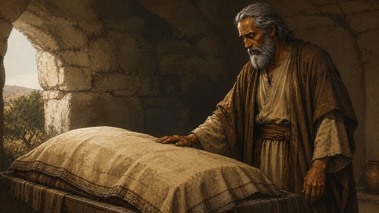 Abraham mourning at the covered bier of Sarah, no exposed corpse.