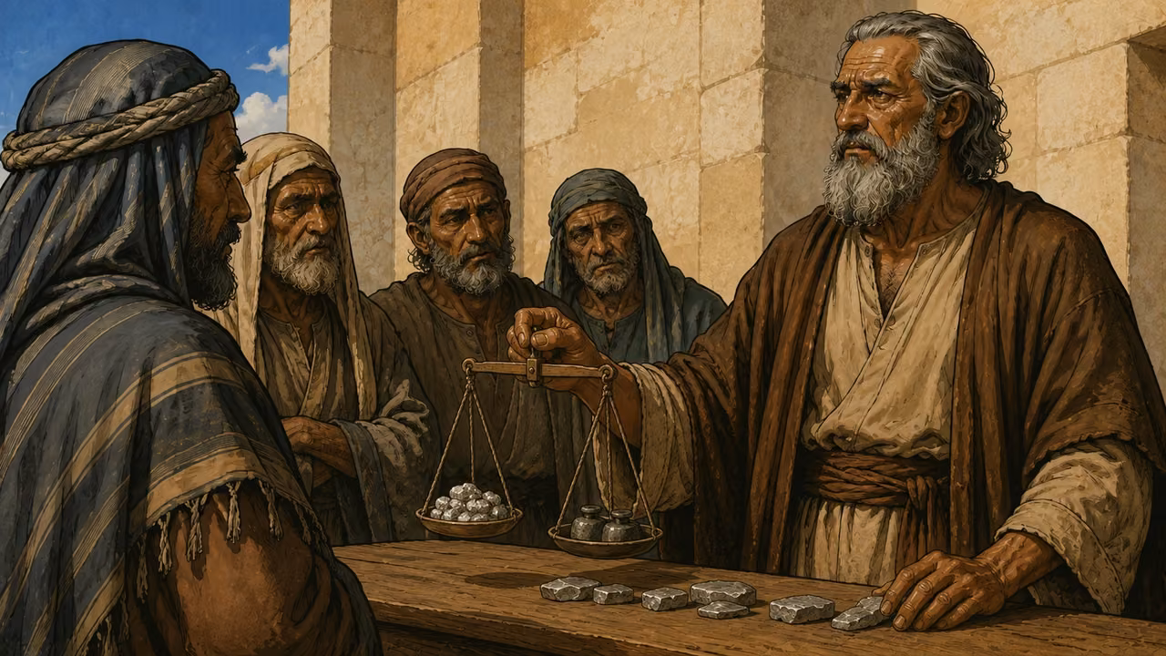Abraham weighing silver before local witnesses in a public meeting.