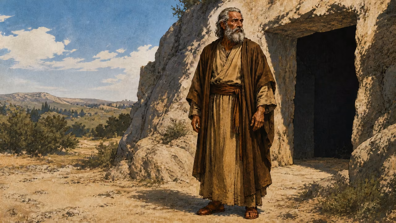 Abraham at the entrance to the field's burial cave, quiet and dignified.