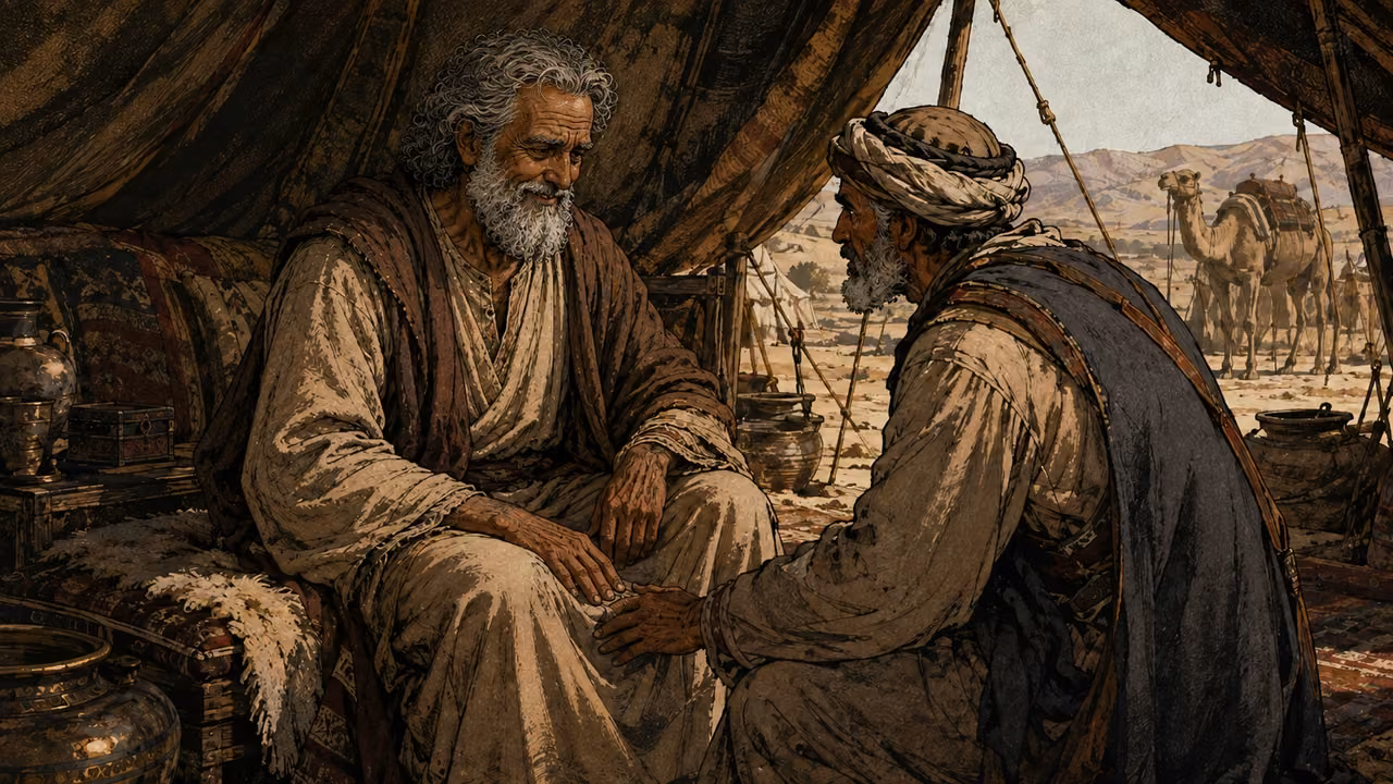 Elderly Abraham seated in his tent commissions an elderly trusted household servant for the journey to find a wife for Isaac. Solemn conversation, servant inclines attentively, both fully clothed. No oath gesture under clothing.