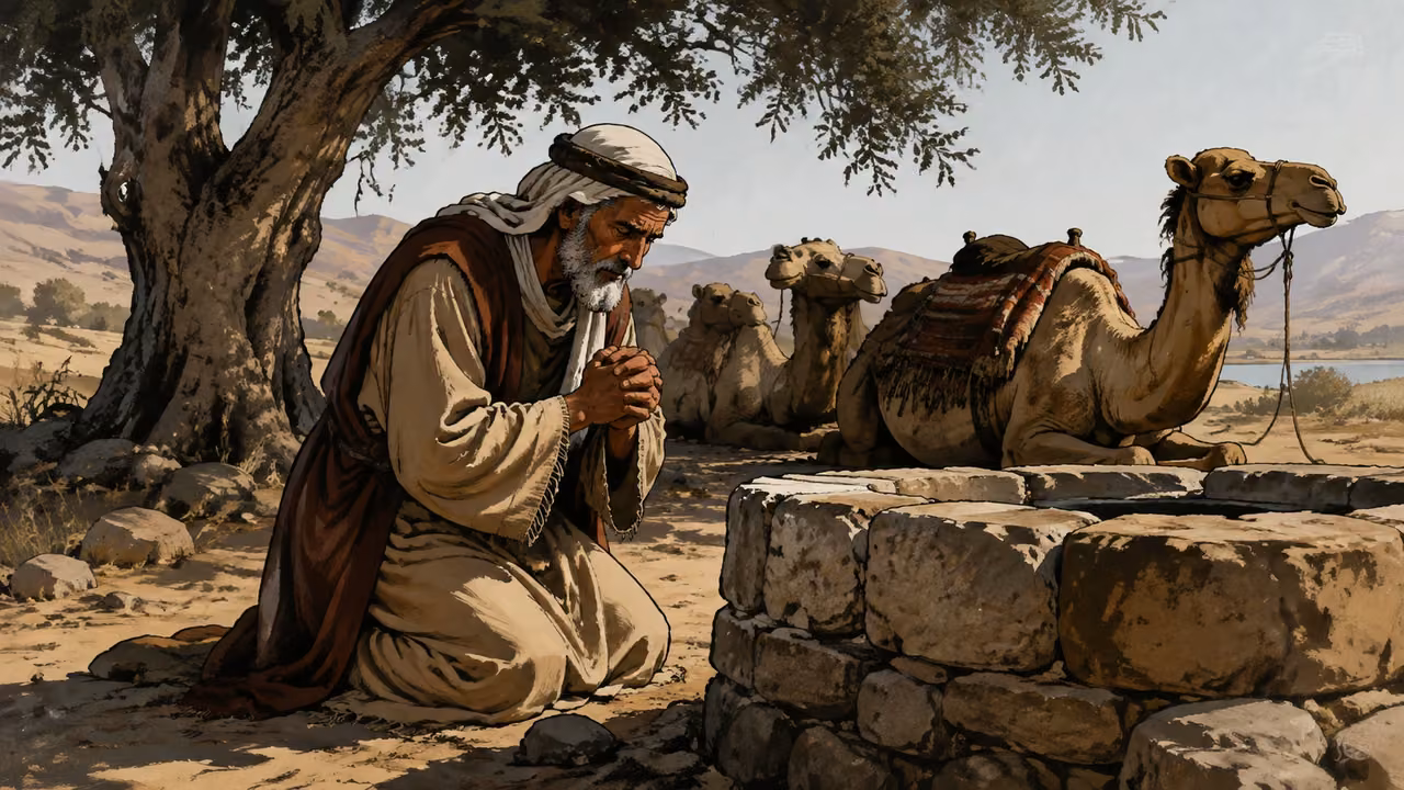An elderly servant with resting camels beside a stone well, praying quietly.