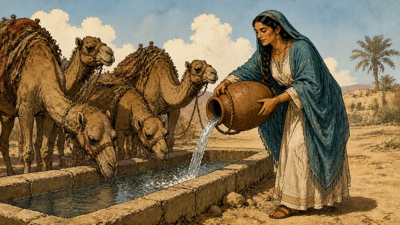 Rebekah pouring water into a trough for the servant's camels.