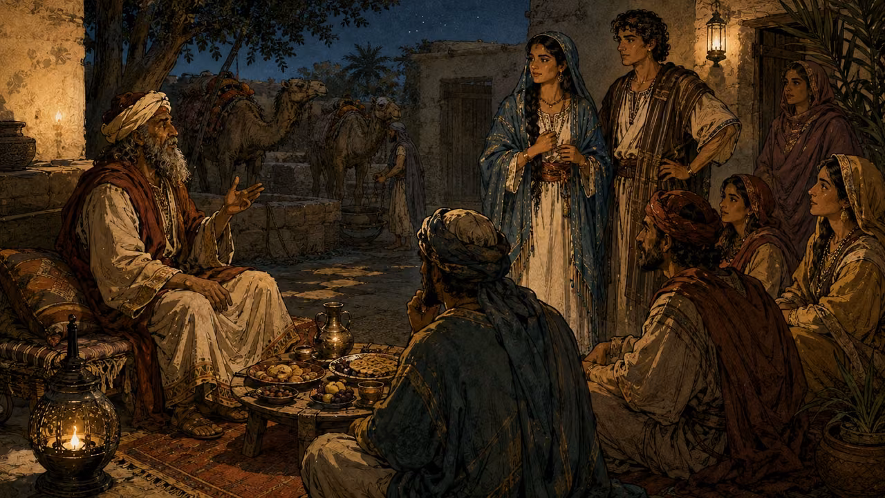 Rebekah and her household listen as Abraham's elderly servant explains his errand in a lamplit family courtyard; food set before him remains untouched. Rebekah modestly dressed, no marriage yet.