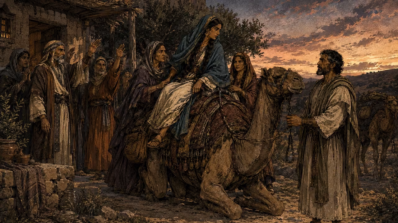 Rebekah mounts a resting camel with her nurse and female attendants for departure, her household bidding farewell near a pastoral dwelling. Abraham's elderly servant readies the journey. No Isaac in this scene.