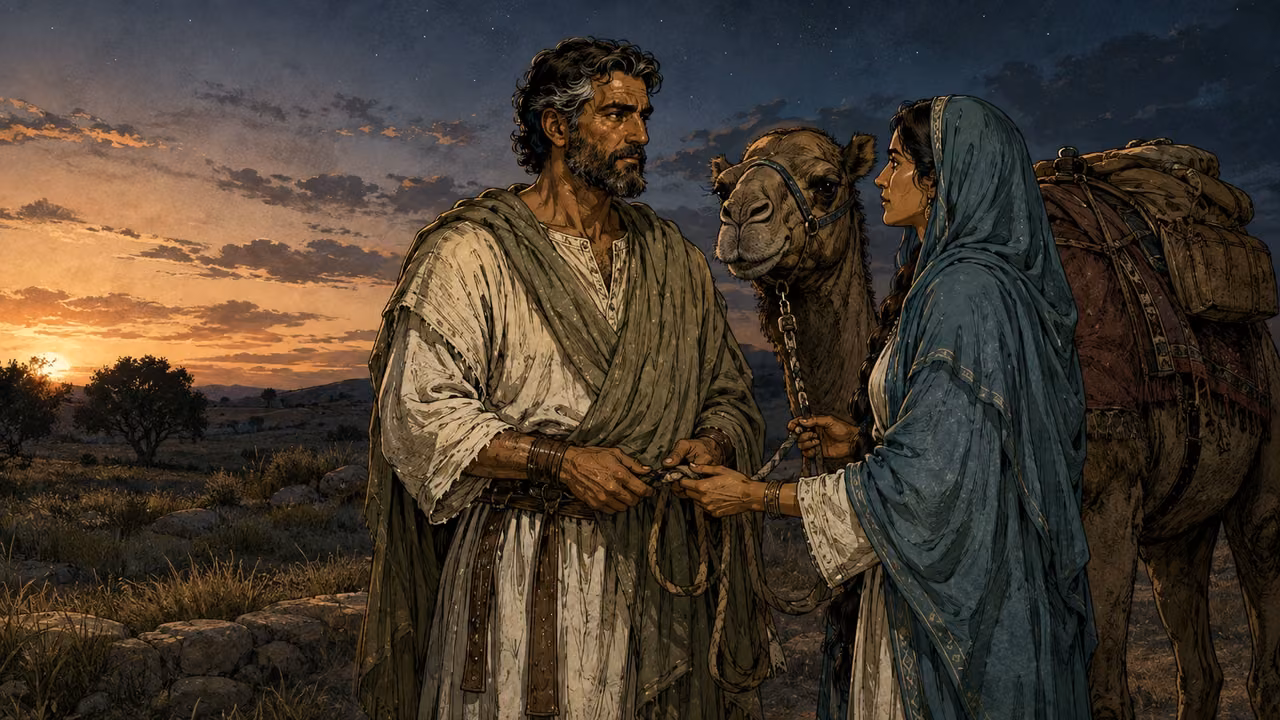 Rebekah arriving by camel near Isaac in an evening field, her veil drawn.