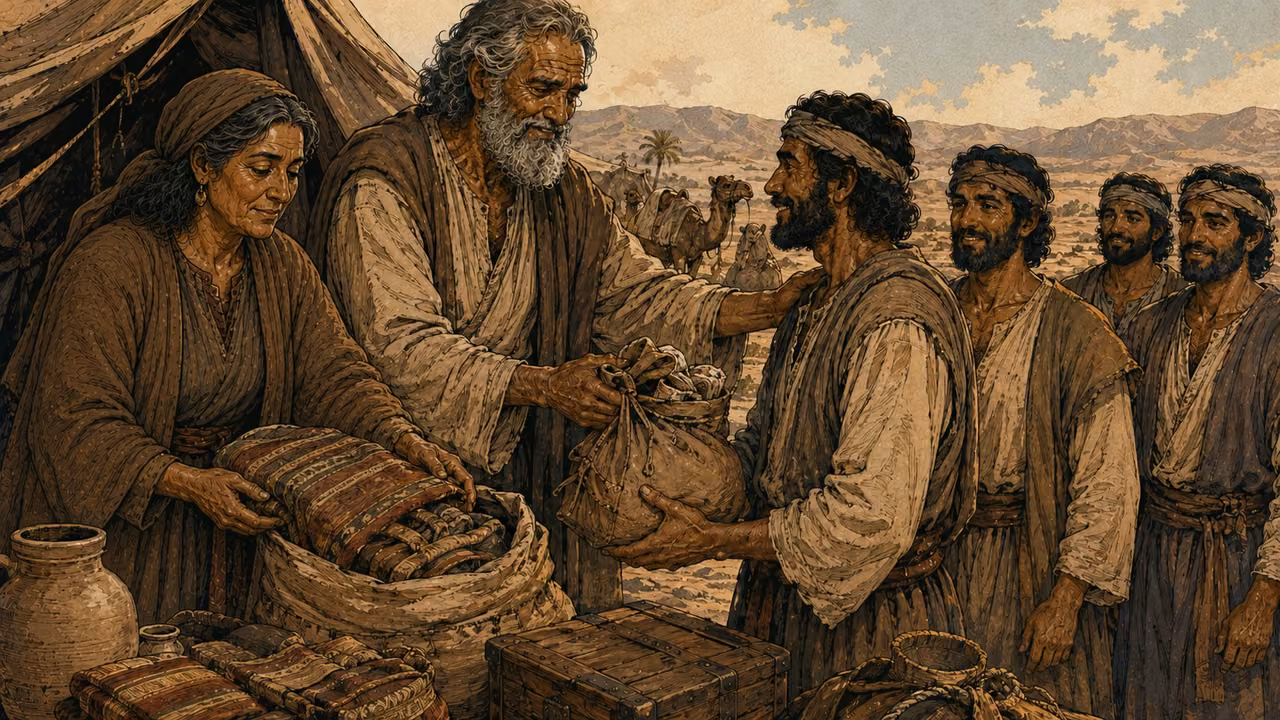 Disclosed family-history illustration: elderly Abraham with his adult wife Keturah and their adult sons at an ancient pastoral camp, distributing travel provisions and gifts. Keturah is a dignified older olive-skinned woman in brown and cream, distinct from Sarah. No invented ceremony.
