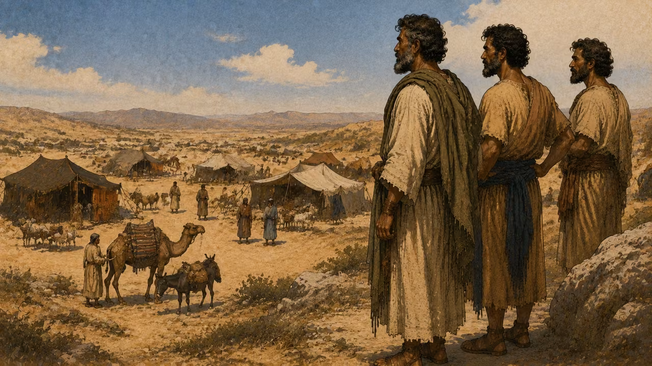 Disclosed visual essay for Ishmael's descendants: anonymous desert pastoral households with tents and pack animals, an older father and adult sons surveying their settlement. No funeral cave, no named portrait claims.