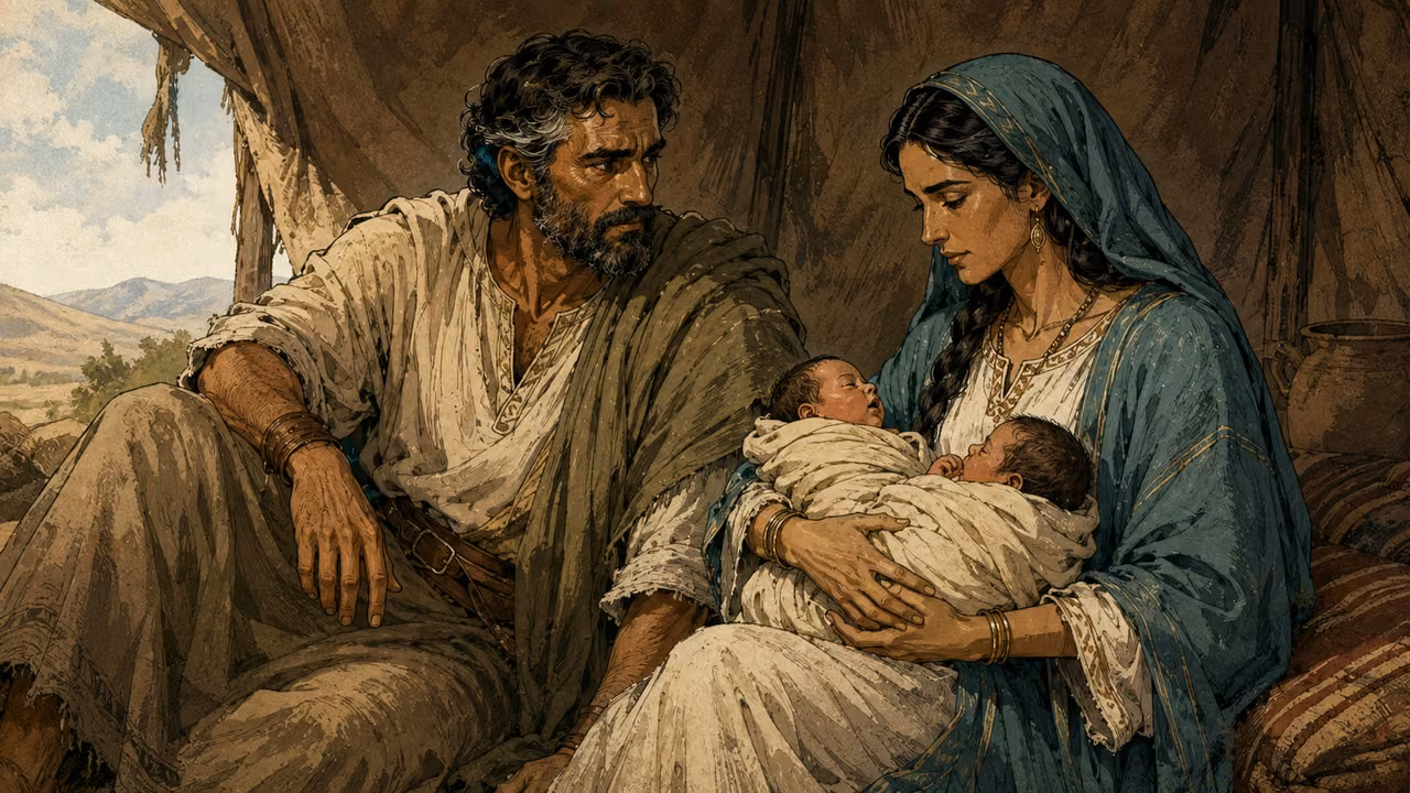 Rebekah with swaddled twin infants while Isaac sits nearby.