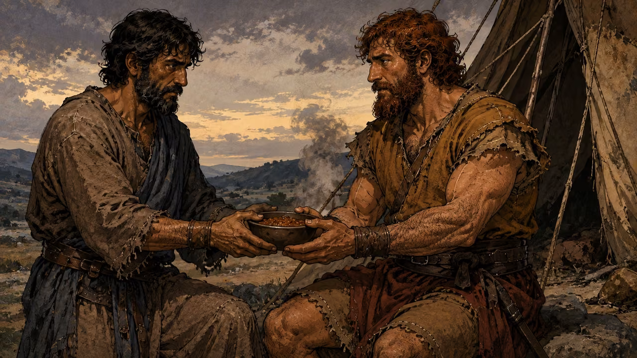 Esau accepting a bowl of red lentil stew from Jacob in a pastoral camp.
