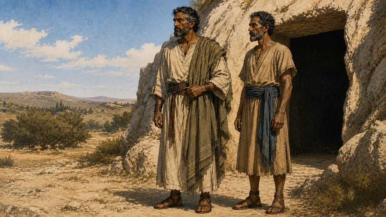 Isaac and his adult half-brother Ishmael standing at Abraham's burial cave.