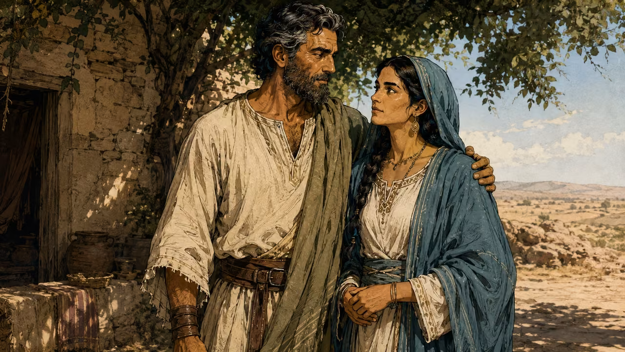 Isaac and Rebekah outside their dwelling, in an affectionate quiet moment.