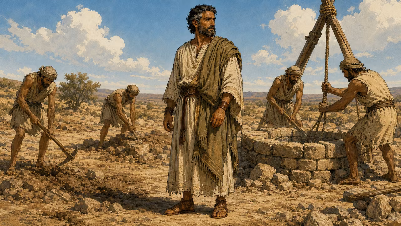 Isaac watching workers reopen a well in dry earth.